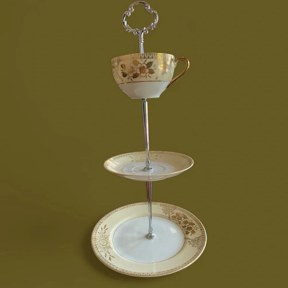 Vintage Chikaramachi Hand-Painted 3-Tier Cake Stand Dessert Tower